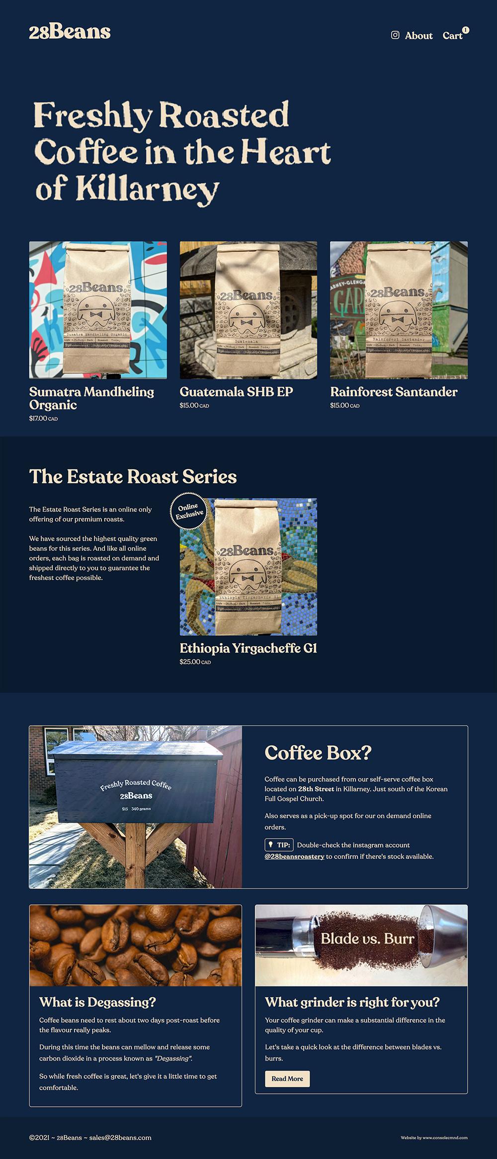 28Beans home page featuring backend conditions that show 'Online Exclusive' badges and different states for the Estate Series if it's in stock or not.